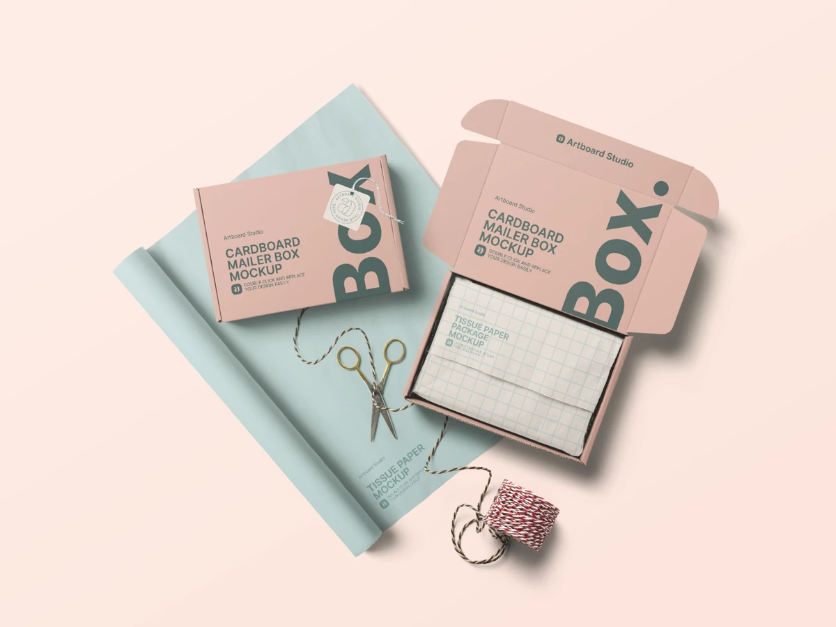 Cardboard Mailer Box Mockup With Tissue Paper — Mockup Zone